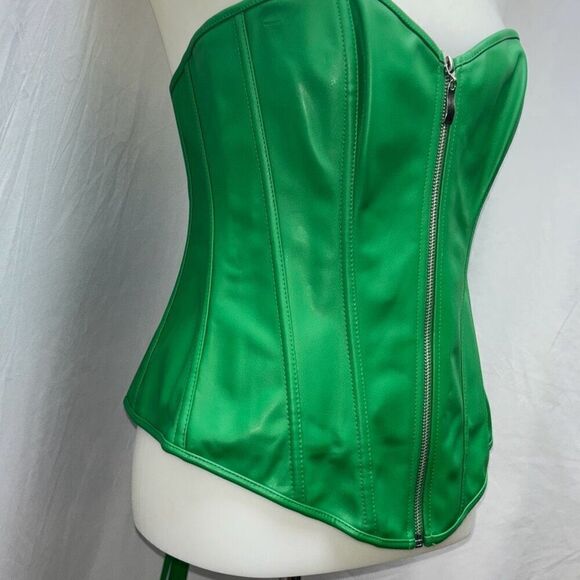 New green corset vegan leather front zip/back lace up Halloween XL - Picture 4 of 8